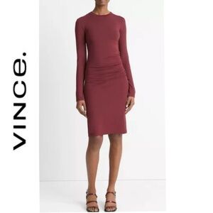 Vince minimalist bodycon fitted dress, long slv maroon burgundy, stretchy, L